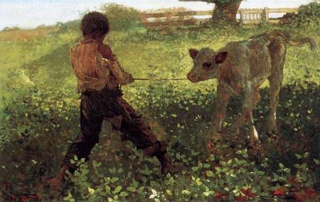 (image for) Handmade Oil painting for home canvas, oil painting framed canvas for living room Winslow Homers Paintings The Unruly Calf 1875